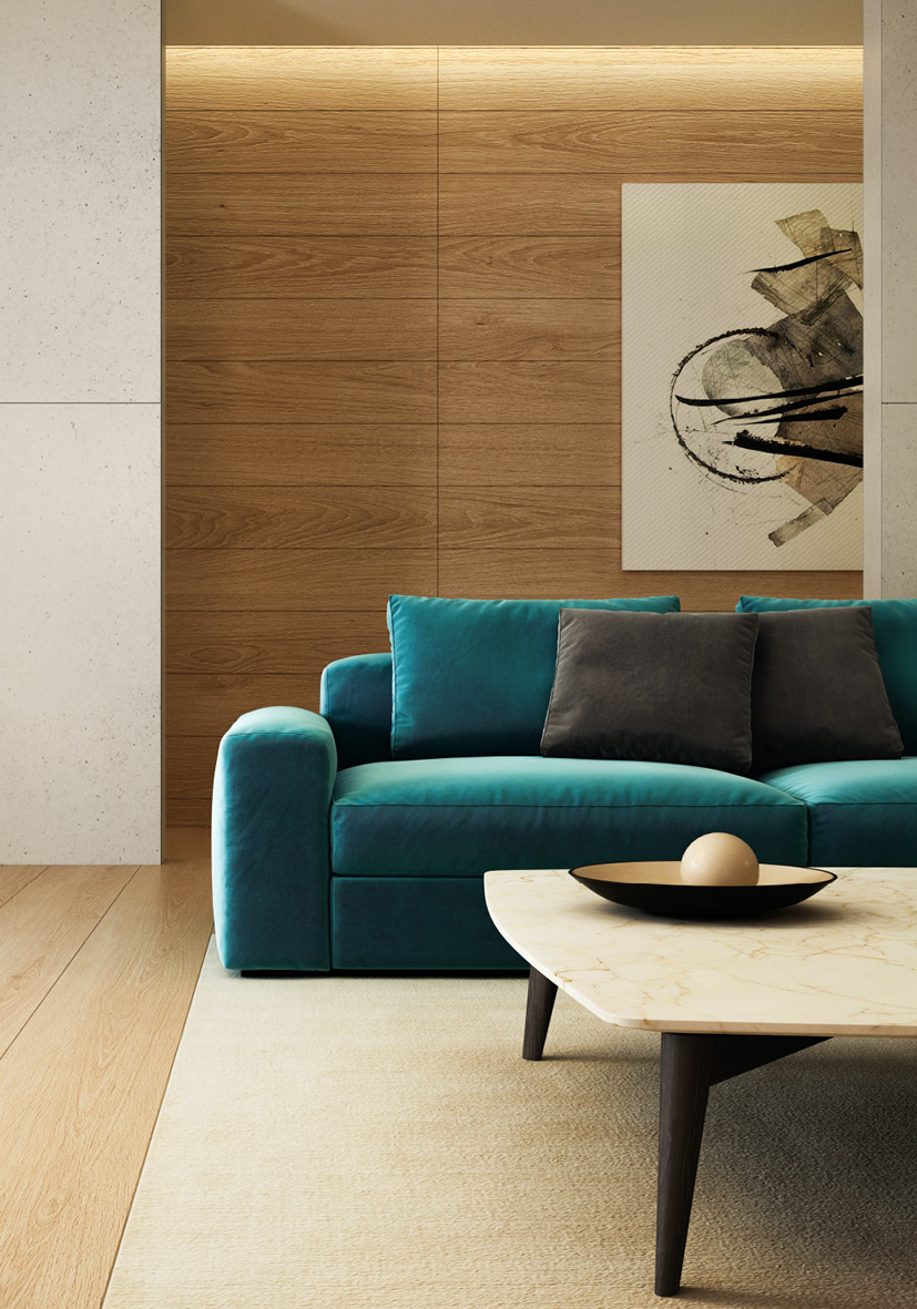 Zu sehen ist ein Interior Design Wohnzimmer gestaltet von einem Innenarchitekten mit einer Wandverkleidung aus Holz.
