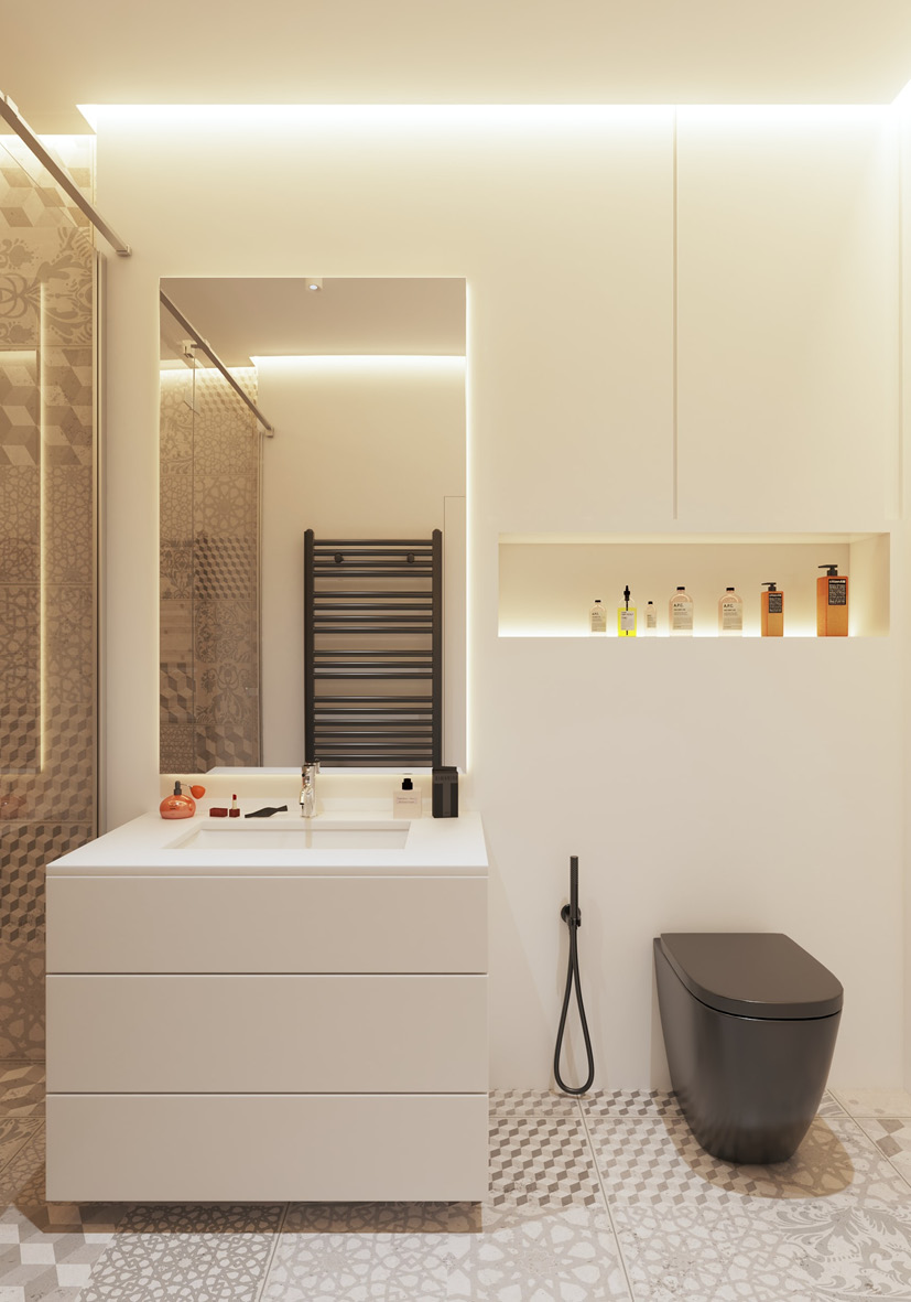 Elegantes minimalistisches Badezimmer in weiß mit grauen Elemanten, einer Rückwand mit Ablagefläche und Stauraum und einem schwebenden Waschtischunterschrank mit eingelassenem Waschbecken.